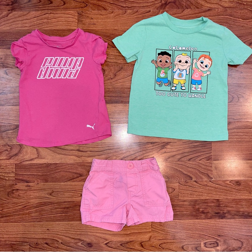 Set of 3 - Green Cocomelon, Pink Puma, Pink Shorts - Size 4T - Retails $43